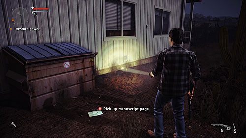 Strona leży na ziemi za budynkiem z zainfekowaną przez cień dziewczyną (Sereną) - Akt I - The Curator | Strony manuskryptu | Alan Wakes American Nightmare - Alan Wakes American Nightmare - poradnik do gry
