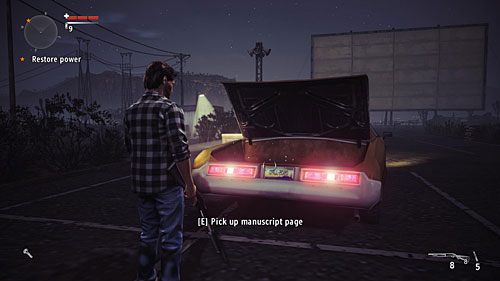 Na parkingu, przy wielkim ekranie kinowym po raz pierwszy spotkasz Mr - Akt I - The Curator | Strony manuskryptu | Alan Wakes American Nightmare - Alan Wakes American Nightmare - poradnik do gry