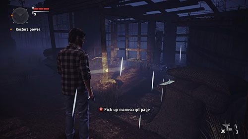 Strona leży na workach, przy zachodnim wejściu do hali elektrowni, tuż obok jasno świecącej latarni - Akt I - The Curator | Strony manuskryptu | Alan Wakes American Nightmare - Alan Wakes American Nightmare - poradnik do gry