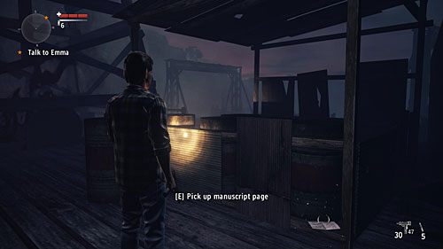 Kolejna strona znajduje się na prawo od wieży wiertniczej, w podniszczonej wiacie - Akt II - Setback | Strony manuskryptu | Alan Wakes American Nightmare - Alan Wakes American Nightmare - poradnik do gry