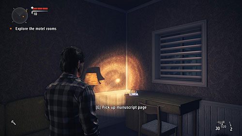 Strona znajduje się w pokoju motelowym, obok wejścia do którego leży rozbity satelita - Akt II - Setback | Strony manuskryptu | Alan Wakes American Nightmare - Alan Wakes American Nightmare - poradnik do gry