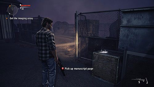 Strona leży na skrzyni, przed magazynem znajdującym się przy drodze prowadzącej do wyjazdu z terenu obserwatorium - Akt II - Progress | Strony manuskryptu | Alan Wakes American Nightmare - Alan Wakes American Nightmare - poradnik do gry