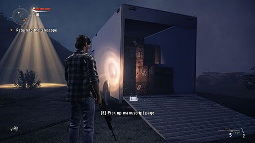 Strona leży na rampie samochodu dostawczego stojącego obok wejścia do głównego budynku obserwatorium - Akt II - Progress | Strony manuskryptu | Alan Wakes American Nightmare - Alan Wakes American Nightmare - poradnik do gry