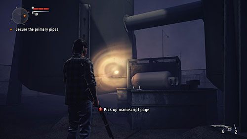 Strona leży na okrągłym zbiorniku, w zagrodzonym obszarze, w którym włączasz prąd - Akt II - Progress | Strony manuskryptu | Alan Wakes American Nightmare - Alan Wakes American Nightmare - poradnik do gry