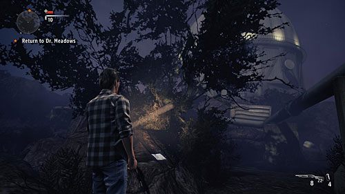 Strona leży na kamieniu za budynkiem z mniejszą kopułą, znajdującym się na północny zachód od głównego budynku obserwatorium - Akt II - Progress | Strony manuskryptu | Alan Wakes American Nightmare - Alan Wakes American Nightmare - poradnik do gry