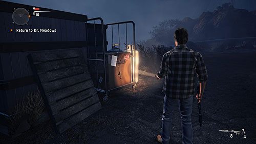 Strona jest przyklejona do pudełka, na prawo od wejścia do głównego budynku obserwatorium, prawie naprzeciwko skrzyni z bronią - Akt II - Progress | Strony manuskryptu | Alan Wakes American Nightmare - Alan Wakes American Nightmare - poradnik do gry