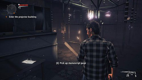 Strona leży na stoliku stojącym pomiędzy generatorami prądu - Akt II - Relapse | Strony manuskryptu | Alan Wakes American Nightmare - Alan Wakes American Nightmare - poradnik do gry