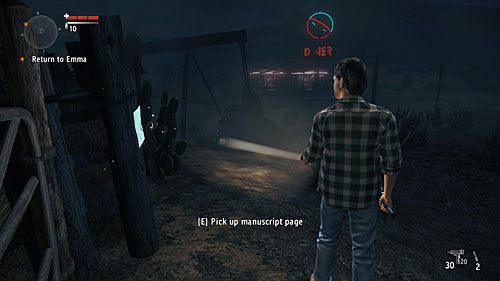 Strona jest przyczepiona do ogrodzenia znajdującego się w pobliżu pracującej pompy, naprzeciwko restauracji - Akt III - Resolved | Strony manuskryptu | Alan Wakes American Nightmare - Alan Wakes American Nightmare - poradnik do gry