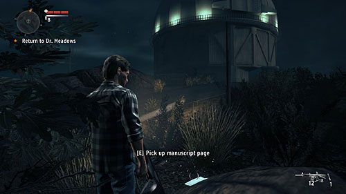 Strona leży na kamieniu, nieco w dół drogi prowadzącej do głównego budynku obserwatorium - Akt III - Completed | Strony manuskryptu | Alan Wakes American Nightmare - Alan Wakes American Nightmare - poradnik do gry