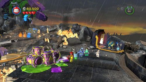 Wejdź nim do małego basenu z prawej i po napełnieniu zbiornika wodą użyj jej, żeby pozbyć się chemikaliów z lewej (obrazek) - Nie wierzę w wieże | Opis przejścia LEGO Batman 2 DC Super Heroes - LEGO Batman 2: DC Super Heroes - poradnik do gry