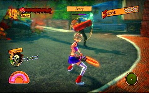 Po śmierci dwóch zombiaków użyj zablokowania celu (L1), a następnie biegaj wokół Jerryego czekając, aż zacznie pluć gazem - Prolog - wprawki w walce | Opis przejścia Lollipop Chainsaw - Lollipop Chainsaw - poradnik do gry