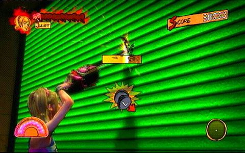 Gdy walka dobiegnie końca, przebij się przez pobliskie wrota obracając gałką analoga we wskazany na ekranie sposób - 1 - Highschool - zombie w szkole | Opis przejścia Lollipop Chainsaw - Lollipop Chainsaw - poradnik do gry