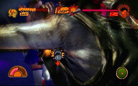 Gdy przeciwnik straci całe swoje życie, dobij go przechylając gałkę lewego analoga w dół oraz wciskając szybko trójką - 1 - Highschool - walka z Zedem | Opis przejścia Lollipop Chainsaw - Lollipop Chainsaw - poradnik do gry