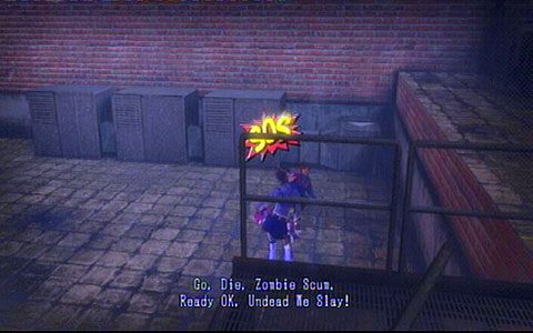 Na zewnątrz znajdziesz lizaka oraz schody prowadzące do miejsca z trzema studentami - 2 - Stadium - walka z Wikke | Opis przejścia Lollipop Chainsaw - Lollipop Chainsaw - poradnik do gry