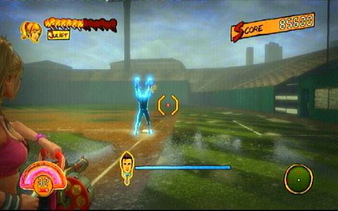 Przy pierwszym okrążeniu wrogowie będą pojawiać się tylko przy bazach, więc staraj się po kolei zabijać każdego z nich zanim dobiegnie do nich Nick - 2 - Stadium - walka z Wikke | Opis przejścia Lollipop Chainsaw - Lollipop Chainsaw - poradnik do gry