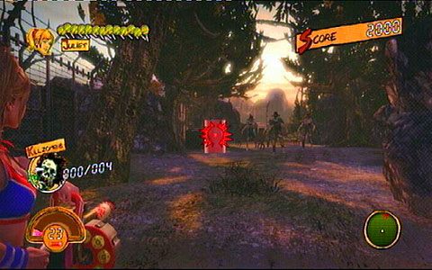 Za kamieniem zobaczysz grupkę zombie oraz czerwoną beczkę - 3 - OBannon Farm - zombie na wsi | Opis przejścia Lollipop Chainsaw - Lollipop Chainsaw - poradnik do gry