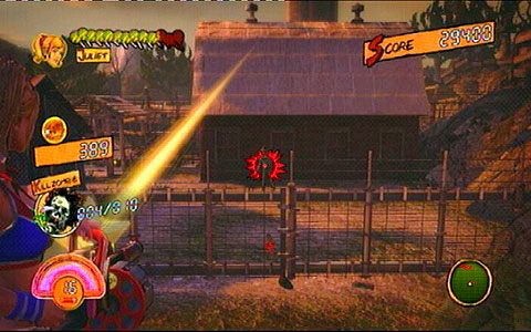 Pozbywszy się pierwszej grupy przeciwników, zaskocz na dół i wykończ następnych farmerów za płotem - 3 - OBannon Farm - zombie na wsi | Opis przejścia Lollipop Chainsaw - Lollipop Chainsaw - poradnik do gry