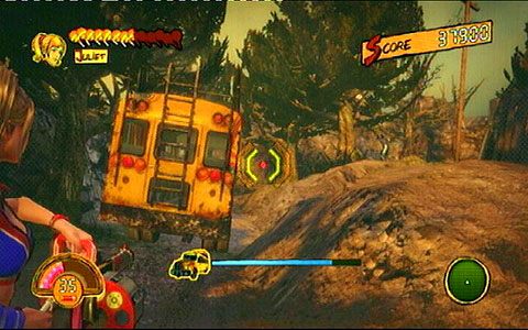 Jak zobaczysz autobus, biegnij za nim, zestrzeliwując zrzucane przez zombie głazy, aż pojazd się zatrzyma - 3 - OBannon Farm - zombie na wsi | Opis przejścia Lollipop Chainsaw - Lollipop Chainsaw - poradnik do gry