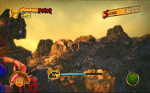 Jadąc na dachu autobusu będziesz musiał ponownie niszczyć wielkie kamienie oraz strzelać do latających przeciwników - 3 - OBannon Farm - zombie na wsi | Opis przejścia Lollipop Chainsaw - Lollipop Chainsaw - poradnik do gry