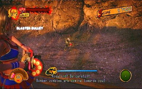 Z pomocą Nicka przedostaniesz się na podwyższenie, gdzie będziesz musiał chronić siostrę przed biegnącymi w jej stronę wybuchającymi zombie - 3 - OBannon Farm - kombajn | Opis przejścia Lollipop Chainsaw - Lollipop Chainsaw - poradnik do gry