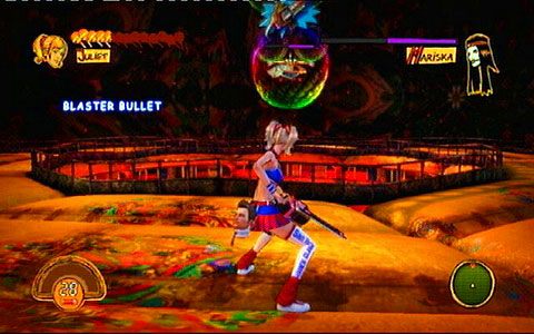 W pierwszej fazie starcia przeciwniczka będzie latała nad lokacją i wystrzeliwała w twoją stronę kolorowe bańki - 3 - OBannon Farm - walka z Mariską | Opis przejścia Lollipop Chainsaw - Lollipop Chainsaw - poradnik do gry