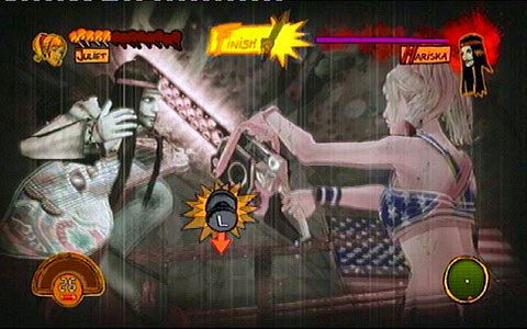 Po oczyszczeniu terenu, skup się na unikaniu baniek i strzelaniu w lewitującego na środku przeciwnika - 3 - OBannon Farm - walka z Mariską | Opis przejścia Lollipop Chainsaw - Lollipop Chainsaw - poradnik do gry