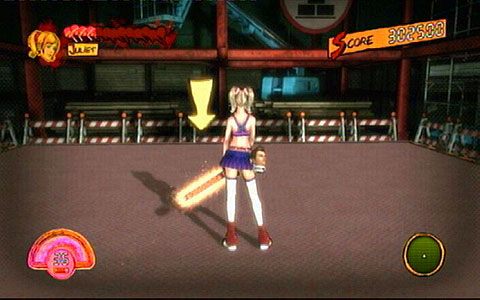 Zrób szybko zakupy i wejdź na wiszącą przed tobą platformę, która zacznie się podnosić - 5 - Cathedral - zombie na budowie | Opis przejścia Lollipop Chainsaw - Lollipop Chainsaw - poradnik do gry