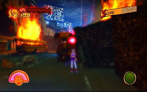 Biegnąc cały czas prosto i unikając walki ze słabszymi przeciwnikami dotrzesz do miejsca, w którym bestia zacznie korzystać z czerwonej wiązki lasera - 6 - Killabilly | Opis przejścia Lollipop Chainsaw - Lollipop Chainsaw - poradnik do gry