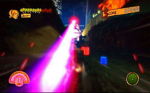 Gdy ostatni stwór zginie, poczekaj, aż laser zniszczy blokujące drogę auta i biegnij dalej prosto ponownie korzystając z Dasha - 6 - Killabilly | Opis przejścia Lollipop Chainsaw - Lollipop Chainsaw - poradnik do gry