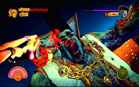 W pierwszej fazie starcia będziesz trzymany przez przeciwnika, a twoim zadaniem będzie strzelanie w jego oczy lub czoło - 6 - Killabilly | Opis przejścia Lollipop Chainsaw - Lollipop Chainsaw - poradnik do gry