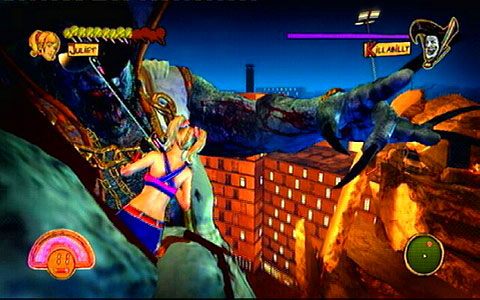 Gdy skieruje w twoją stroną swoją drugą dłoń, wciśnij szybko kółko, a gdy wypluje na ciebie czerwony pocisk, uniknij go przechylając gałkę analoga w lewo lub w prawo - 6 - Killabilly | Opis przejścia Lollipop Chainsaw - Lollipop Chainsaw - poradnik do gry