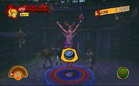 Po walce z dwoma grubymi zombie skręć w lewo i wskocz na stojącą między zabudowaniami trampolinę - Etap 3 - OBannon Farm | Lollipop Wrappers | Lollipop Chainsaw - Lollipop Chainsaw - poradnik do gry