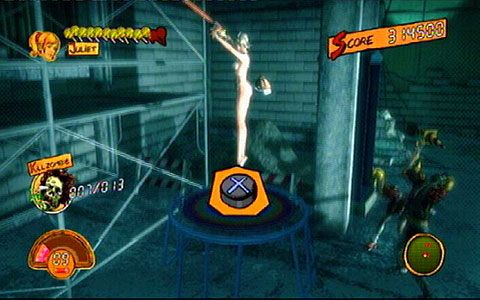 Po wjechaniu na górę platformą z limitem obciążenia, pokonaj grupkę zombiaków, a następnie wskocz na stojącą niedaleko trampolinę - Etap 5 - Cathedra | Lollipop Wrappers | Lollipop Chainsaw - Lollipop Chainsaw - poradnik do gry