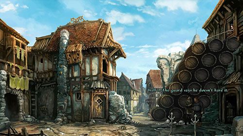 Obok sterty beczek stoją Olgierd i Ulfried - Poradnik do gry - The Oak Leaf Challenge | The Dark Eye Chains of Satinav - The Dark Eye: Chains of Satinav - poradnik do gry