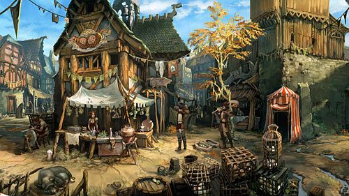 Na sznurze rozciągniętym pomiędzy kramami a drzewem suszą się ubrania - Poradnik do gry - The Oak Leaf Challenge | The Dark Eye Chains of Satinav - The Dark Eye: Chains of Satinav - poradnik do gry