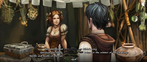 Ponownie znajdujesz się na targu, gdzie słodka handlarka Hilda z przyjemnością słucha muzyki płynącej ze skrzypiec - Poradnik do gry - The Oak Leaf Challenge | The Dark Eye Chains of Satinav - The Dark Eye: Chains of Satinav - poradnik do gry