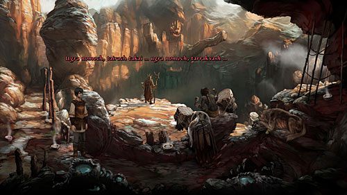 Po podsłuchaniu szamana orków i obejrzeniu wszystkich obiektów wstaw czaszkę (Skull) do kałuży (Puddle) - In the Camp of the Zholochai! | The Dark Eye Chains of Satinav - The Dark Eye: Chains of Satinav - poradnik do gry