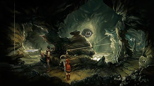 Wróć do Nuri i ustaw statuę z pawiem tak, aby promień odbijał się od obydwu luster - zarówno od tego, który trzyma skamieniała kobieta, jak i od tego, który Geron wstawił w dziurę nad robalem - Fanglari Ho! | The Dark Eye Chains of Satinav - The Dark Eye: Chains of Satinav - poradnik do gry