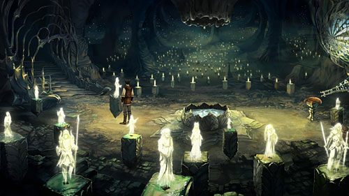 Porozmawiaj ze stworem (Eye-Creature) i przyjrzyj się pozostałym elementom lokacji, w tym zamrożonej studni (Well), widocznemu w suficie zsypowi (Chute) i jednej z figur (Light Figurine) wzywającej szeptem swoją córkę - Three Impossible Tasks | The Dark Eye Chains of Satinav - The Dark Eye: Chains of Satinav - poradnik do gry