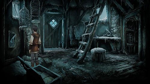 Otwórz skrzynię na dole (Clothes Trunk) i wyjmij z niej zielony materiał (Green Doublet) oraz igłę z nitką (Needle and Thread) - To the King! | The Dark Eye Chains of Satinav - The Dark Eye: Chains of Satinav - poradnik do gry