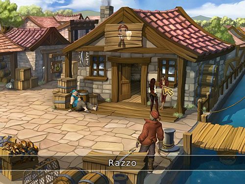 Pogadaj z opartym o budynek karczmy (po prawej) kumplem Carlo - Nowi członkowie załogi - Razzo - 2 - W roli kapitana - Kapitan Morgane i legenda Złotego Żółwia - poradnik do gry