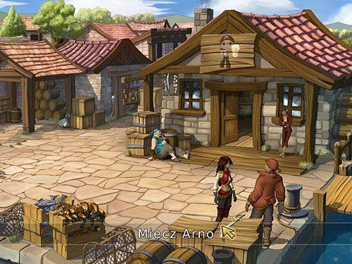 Zauważ, że na skrzynce przy stojącym na nabrzeżu Arno (po prawej) leży bardzo fajny miecz - byłby on idealny dla Razzo - Nowi członkowie załogi - Razzo - 2 - W roli kapitana - Kapitan Morgane i legenda Złotego Żółwia - poradnik do gry