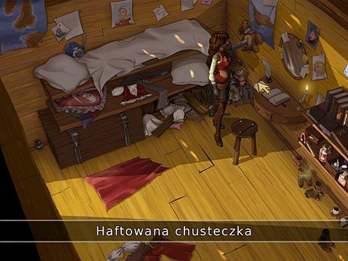 Z kajuty Morgane weź leżącą z lewej strony stojącego przy łóżku biurka haftowaną chusteczkę - Nowi członkowie załogi - Razzo - 2 - W roli kapitana - Kapitan Morgane i legenda Złotego Żółwia - poradnik do gry