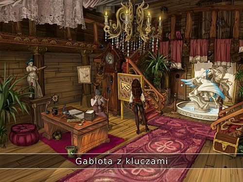 Podejdź zatem do znajdującej się za plecami szlochającej panny Brown gabloty z kluczami i kliknij ją ikonką dłoni - Zaginiony klucz - 4 - Mroczne niebezpieczeństwo - Kapitan Morgane i legenda Złotego Żółwia - poradnik do gry