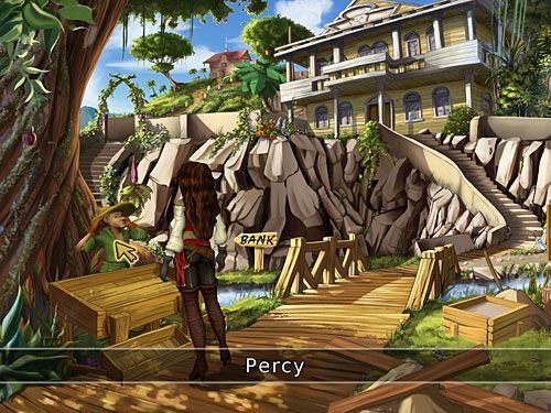 Oczywiście naciśnij naprawiony dzwonek, by przywołać Percy'ego, którego wypytaj o zastępstwo za pannę Brown - Brakująca połowa dysku (2) - 4 - Mroczne niebezpieczeństwo - Kapitan Morgane i legenda Złotego Żółwia - poradnik do gry