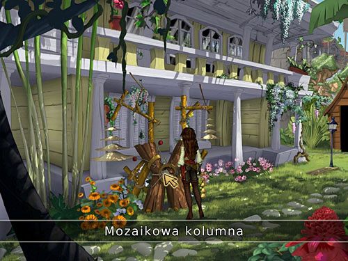 Podejdź do mozaikowej kolumny (po lewej) i spróbuj wydłubać z niej połówkę dysku - potrzebujesz narzędzi - Brakująca połowa dysku (2) - 4 - Mroczne niebezpieczeństwo - Kapitan Morgane i legenda Złotego Żółwia - poradnik do gry