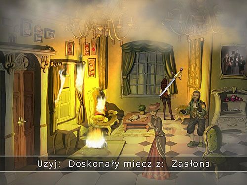Potrzebujesz teraz lontu, w tym celu swoim doskonałym mieczem od zasłony niepłonącego jeszcze okna odetnij kawałek sznura z jedwabnymi frędzlami - Ocalić Elizabeth (2) - 5 - Ocalić Elizabeth - Kapitan Morgane i legenda Złotego Żółwia - poradnik do gry