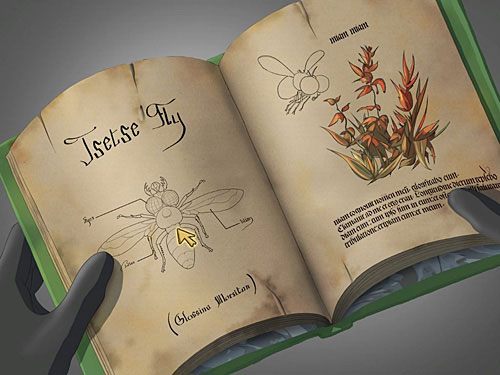 Dowiesz się, że senna mucha należy do gatunku tse-tse i można ją spotkać w pobliżu rzadkich czerwonych roślin (kliknij na kartce, by zamknąć książkę) - Przykre wspomnienia (1) - 6 - Wyspa Tannera - Kapitan Morgane i legenda Złotego Żółwia - poradnik do gry