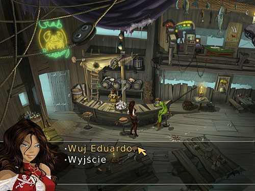 Udaj się do karczmy, gdzie pojawiła się nowa postać - siedzący przy barze jegomość w zielonym wdzianku - Wuj Eduardo (2) - 8 - Francuska dzielnica - Kapitan Morgane i legenda Złotego Żółwia - poradnik do gry