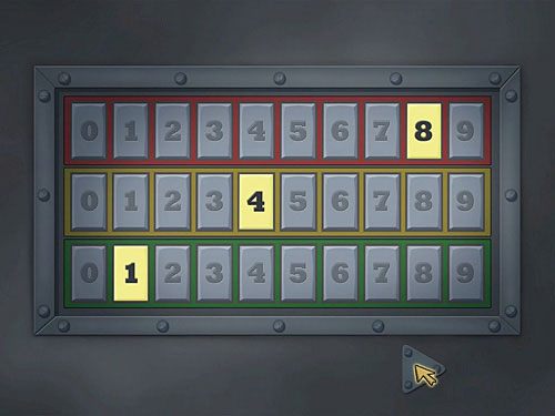 Podejdź do sejfu i w górnym rzędzie (czerwonym) wciśnij klawisz z nr 8, w środkowym rzędzie (żółtym) klawisz z nr 4, a w dolnym rzędzie (zielonym) klawisz nr 1 - Przesyłka z tkaninami - 8 - Francuska dzielnica - Kapitan Morgane i legenda Złotego Żółwia - poradnik do gry